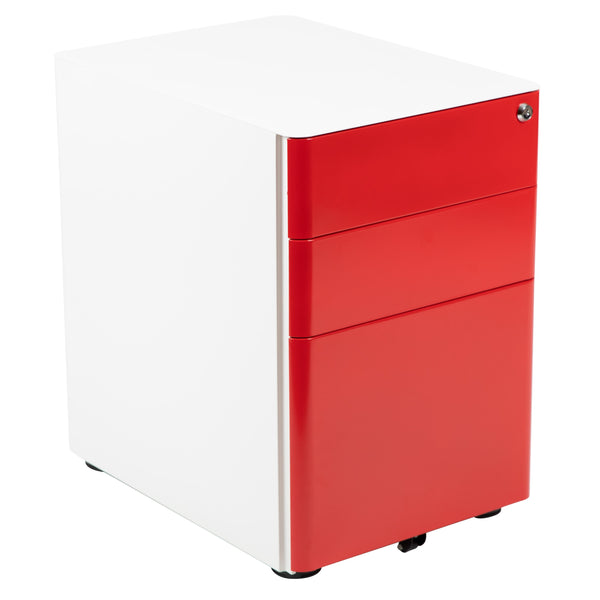 White and Red |#| Modern 3-Drawer Mobile Locking Filing Cabinet-White with Red Faceplate