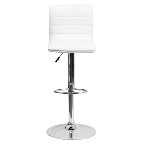 White Vinyl/Chrome Frame |#| White Vinyl Adjustable Height Barstool w/ Horizontal Stitch Back & Chrome Base