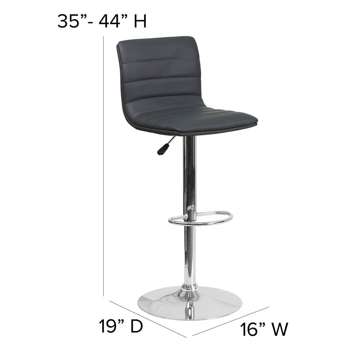 Gray Vinyl/Chrome Frame |#| Gray Vinyl Adjustable Height Barstool w/ Horizontal Stitch Back & Chrome Base