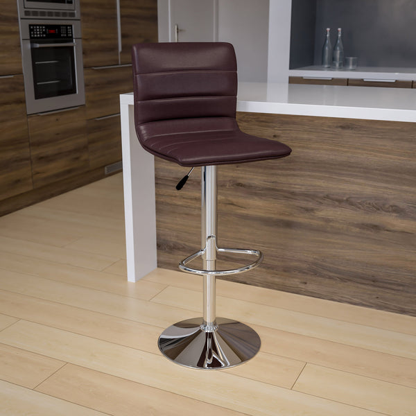 Brown Vinyl/Chrome Frame |#| Brown Vinyl Adjustable Height Barstool w/ Horizontal Stitch Back & Chrome Base