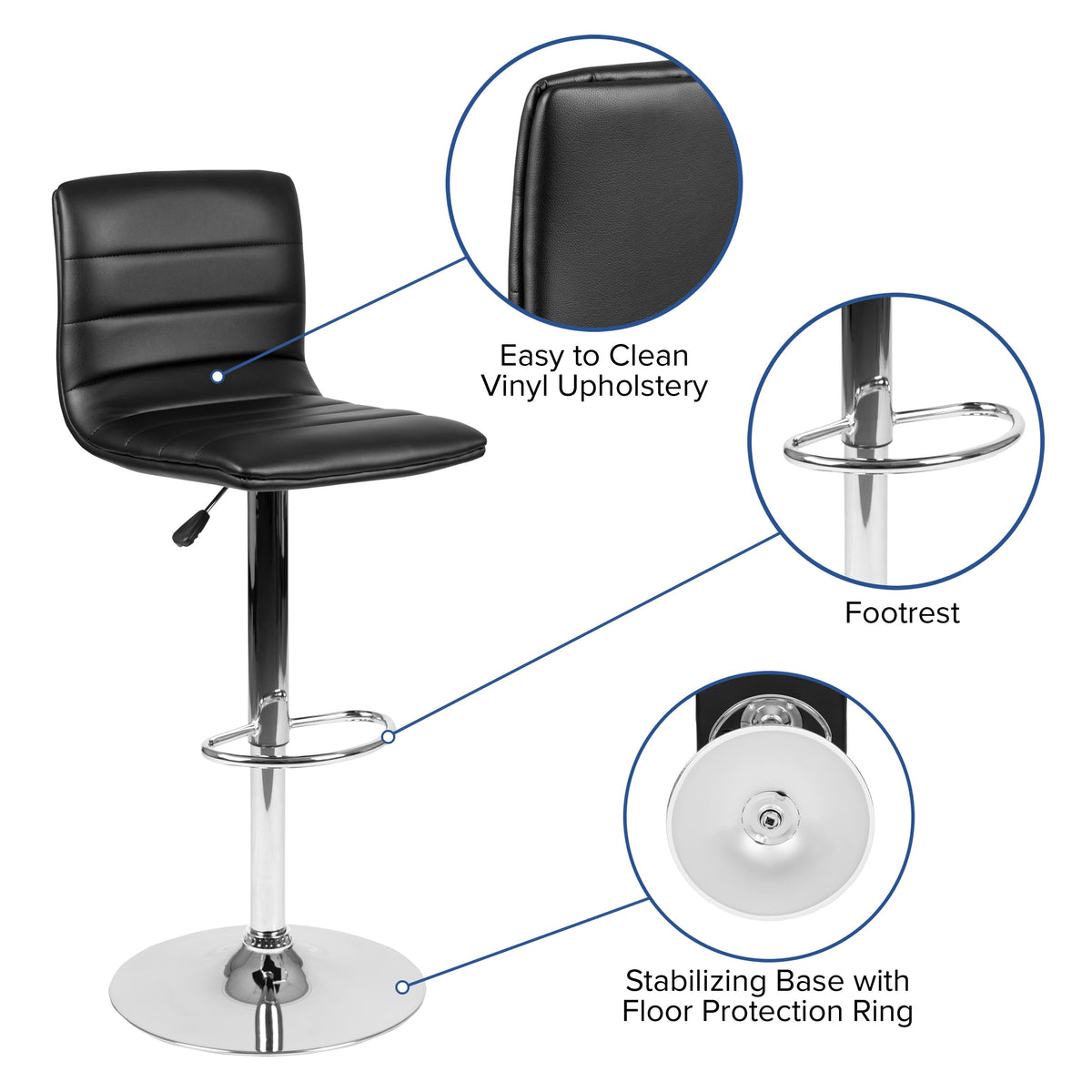 Black Vinyl/Chrome Frame |#| Black Vinyl Adjustable Height Barstool w/ Horizontal Stitch Back & Chrome Base