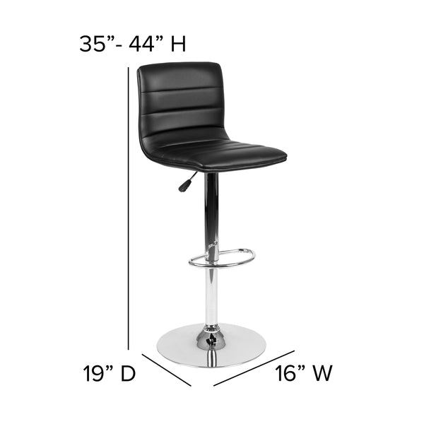 Black Vinyl/Chrome Frame |#| Black Vinyl Adjustable Height Barstool w/ Horizontal Stitch Back & Chrome Base