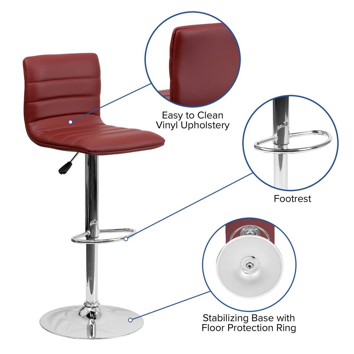 Burgundy Vinyl/Chrome Frame |#| Burgundy Vinyl Adjustable Height Barstool with Horizontal Stitch Back