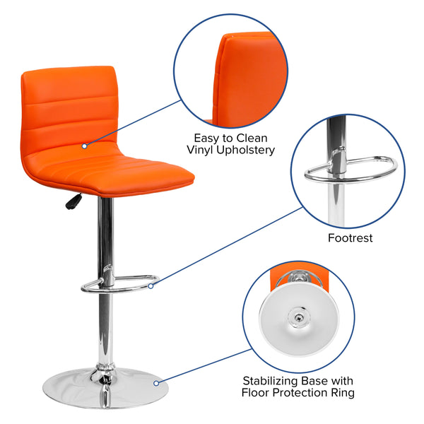 Orange Vinyl/Chrome Frame |#| Orange Vinyl Adjustable Height Barstool w/ Horizontal Stitch Back & Chrome Base