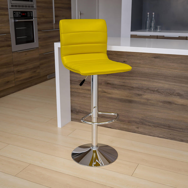 Yellow Vinyl/Chrome Frame |#| Yellow Vinyl Adjustable Height Barstool w/ Horizontal Stitch Back & Chrome Base