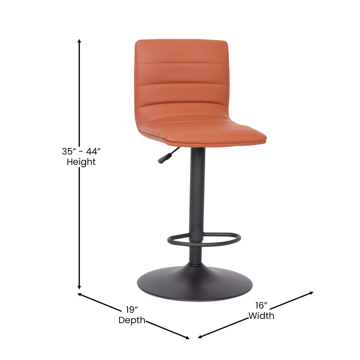 Cognac Vinyl/Black Frame |#| Cognac Vinyl Adjustable Height Barstool w/ Horizontal Stitch Back & Black Base