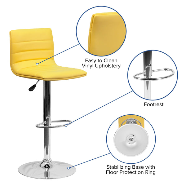 Yellow Vinyl/Chrome Frame |#| Yellow Vinyl Adjustable Height Barstool w/ Horizontal Stitch Back & Chrome Base