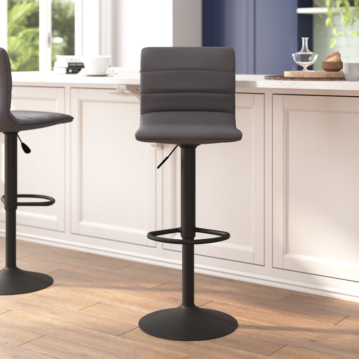 Gray Vinyl/Black Frame |#| Gray Vinyl Adjustable Height Barstool w/ Horizontal Stitch Back & Black Base