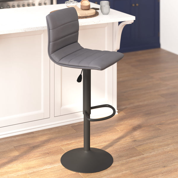 Gray Vinyl/Black Frame |#| Gray Vinyl Adjustable Height Barstool w/ Horizontal Stitch Back & Black Base