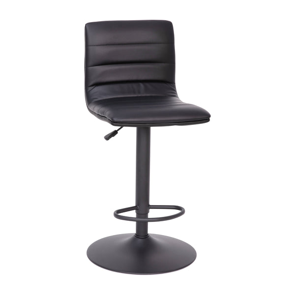 Black Vinyl/Black Frame |#| Black Vinyl Adjustable Height Barstool w/ Horizontal Stitch Back & Black Base