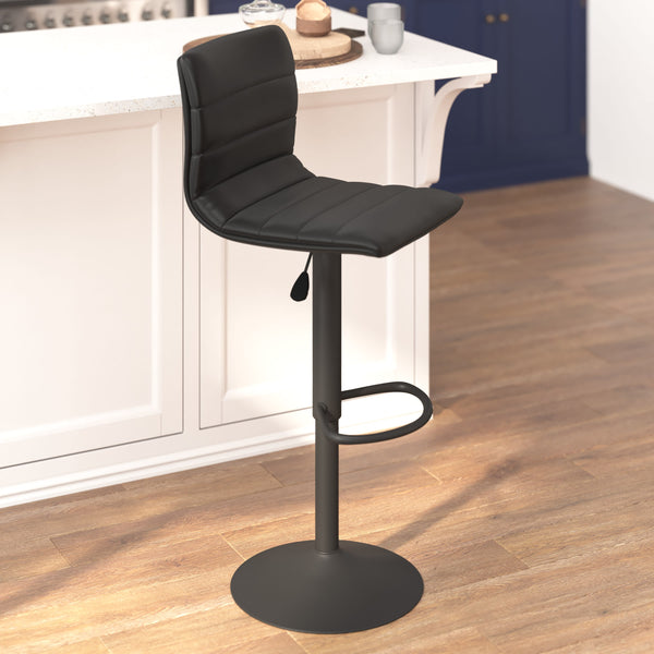 Black Vinyl/Black Frame |#| Black Vinyl Adjustable Height Barstool w/ Horizontal Stitch Back & Black Base