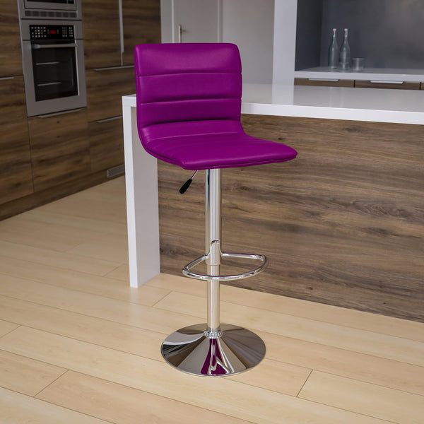 Purple Vinyl/Chrome Frame |#| Purple Vinyl Adjustable Height Barstool w/ Horizontal Stitch Back & Chrome Base