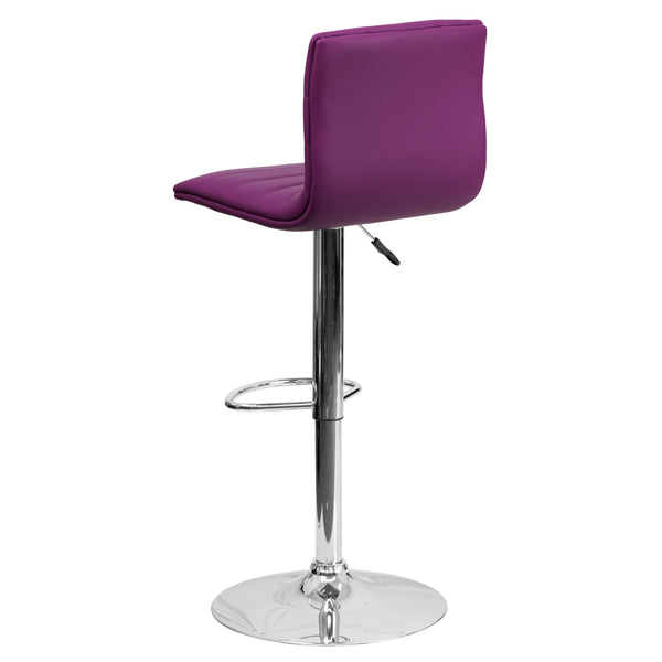 Purple Vinyl/Chrome Frame |#| Purple Vinyl Adjustable Height Barstool w/ Horizontal Stitch Back & Chrome Base