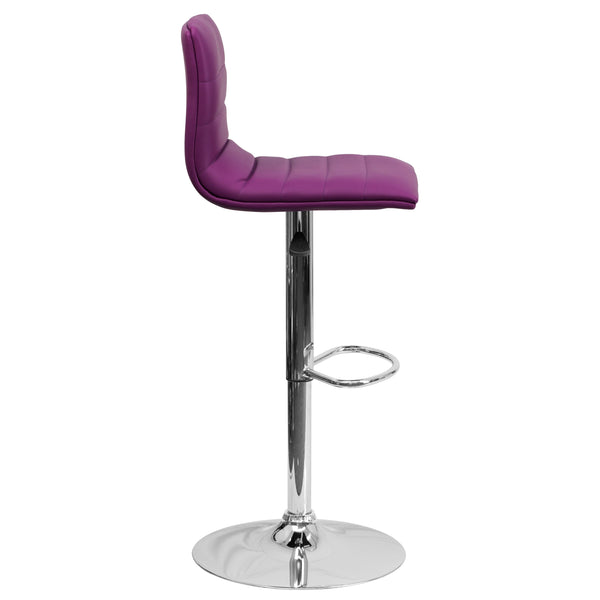 Purple Vinyl/Chrome Frame |#| Purple Vinyl Adjustable Height Barstool w/ Horizontal Stitch Back & Chrome Base