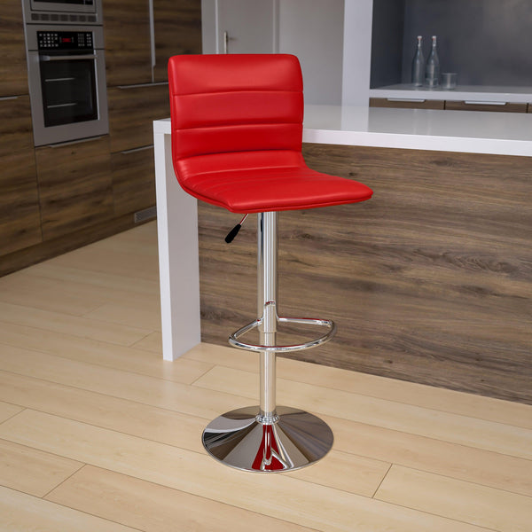 Red Vinyl/Chrome Frame |#| Red Vinyl Adjustable Height Barstool w/ Horizontal Stitch Back & Chrome Base