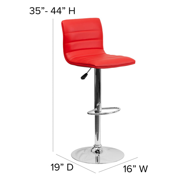 Red Vinyl/Chrome Frame |#| Red Vinyl Adjustable Height Barstool w/ Horizontal Stitch Back & Chrome Base