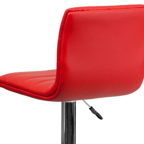 Red Vinyl/Chrome Frame |#| Red Vinyl Adjustable Height Barstool w/ Horizontal Stitch Back & Chrome Base