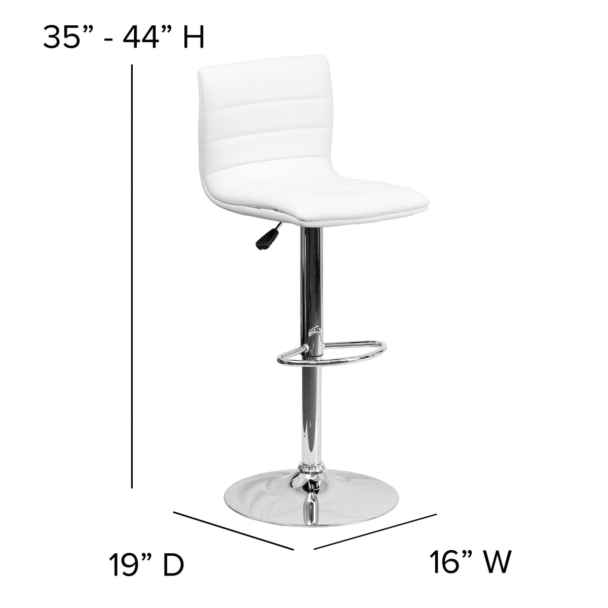 White Vinyl/Chrome Frame |#| White Vinyl Adjustable Height Barstool w/ Horizontal Stitch Back & Chrome Base