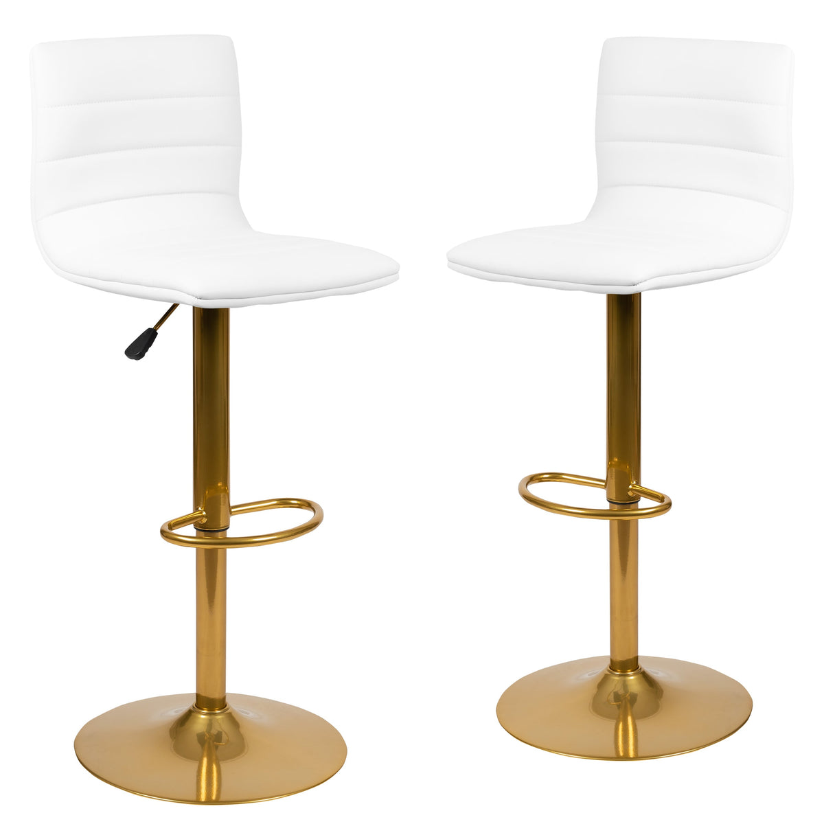 White Vinyl/Gold Frame |#| 2PK White Vinyl Adjustable Height Barstool w/ Horizontal Stitch Back & Gold Base