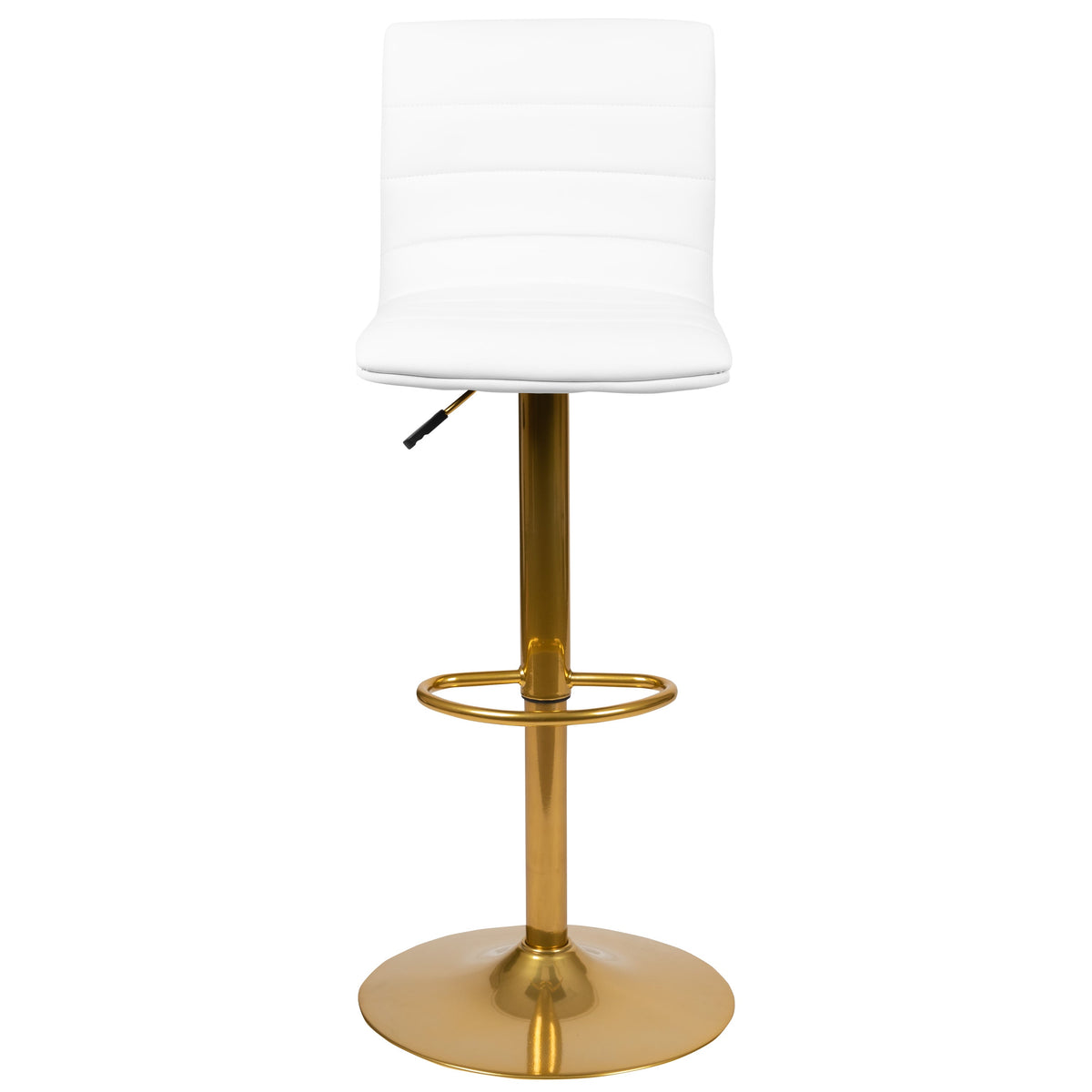 White Vinyl/Gold Frame |#| 2PK White Vinyl Adjustable Height Barstool w/ Horizontal Stitch Back & Gold Base