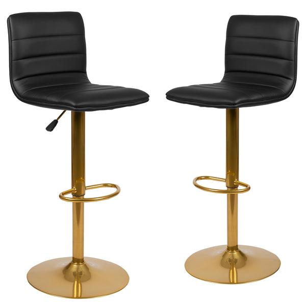 Black Vinyl/Gold Frame |#| 2PK Black Vinyl Adjustable Height Barstool w/ Horizontal Stitch Back & Gold Base