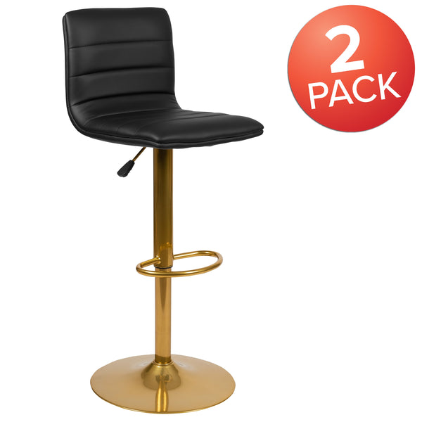 Black Vinyl/Gold Frame |#| 2PK Black Vinyl Adjustable Height Barstool w/ Horizontal Stitch Back & Gold Base