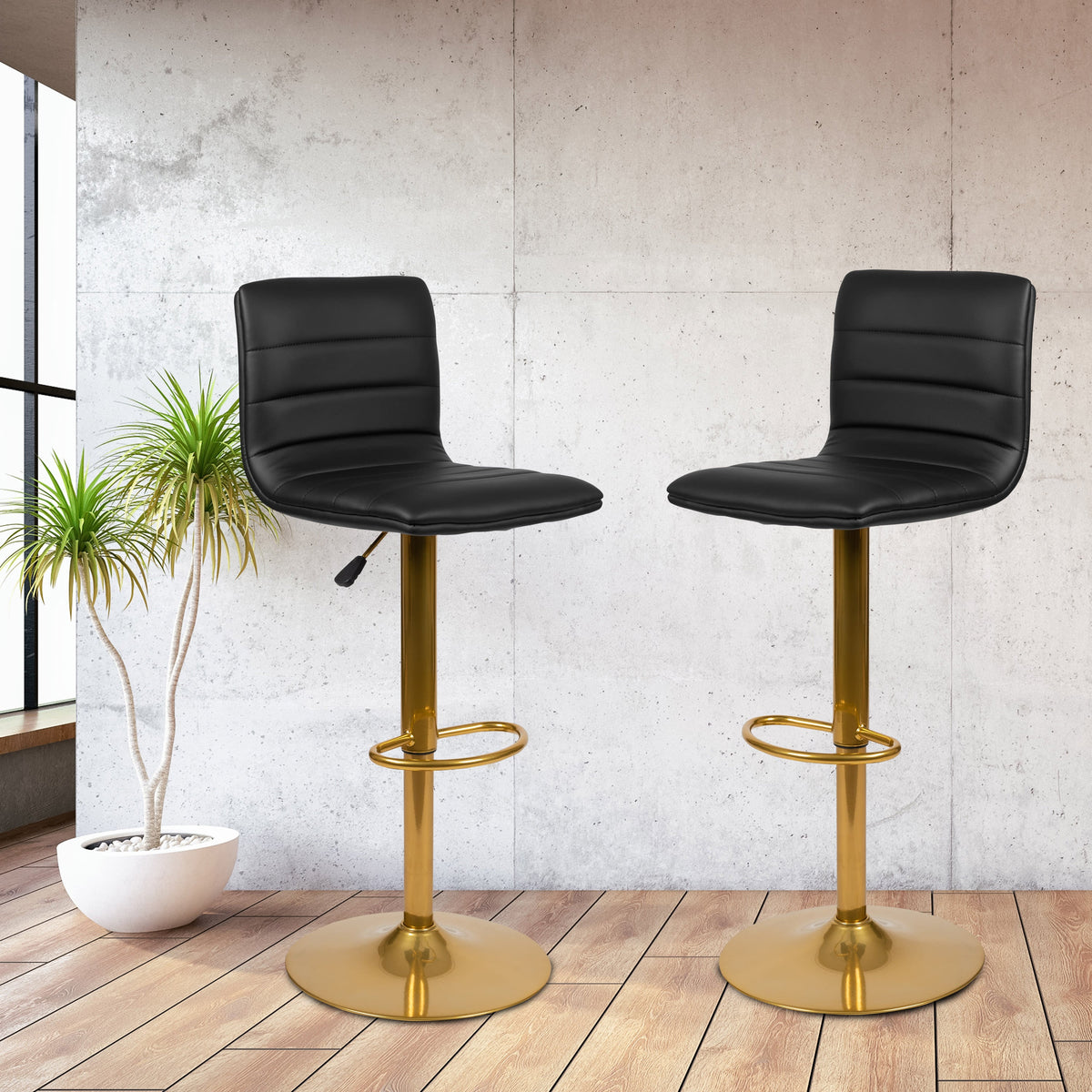 Black Vinyl/Gold Frame |#| 2PK Black Vinyl Adjustable Height Barstool w/ Horizontal Stitch Back & Gold Base