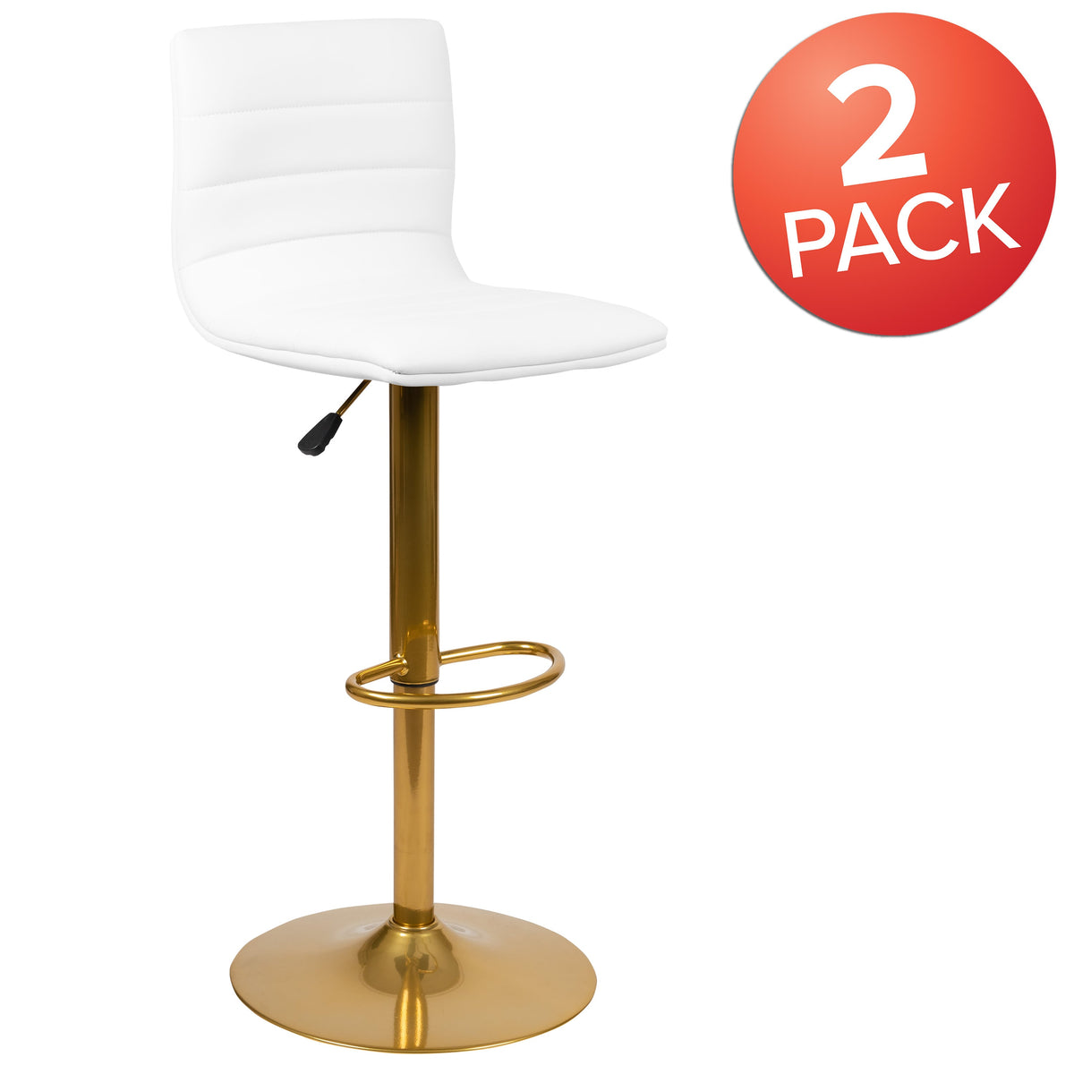 White Vinyl/Gold Frame |#| 2PK White Vinyl Adjustable Height Barstool w/ Horizontal Stitch Back & Gold Base