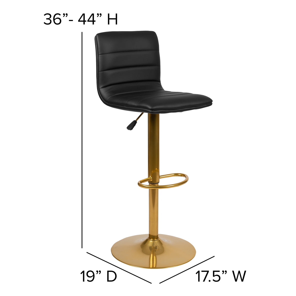 Black Vinyl/Gold Frame |#| 2PK Black Vinyl Adjustable Height Barstool w/ Horizontal Stitch Back & Gold Base