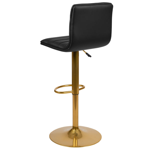 Black Vinyl/Gold Frame |#| 2PK Black Vinyl Adjustable Height Barstool w/ Horizontal Stitch Back & Gold Base