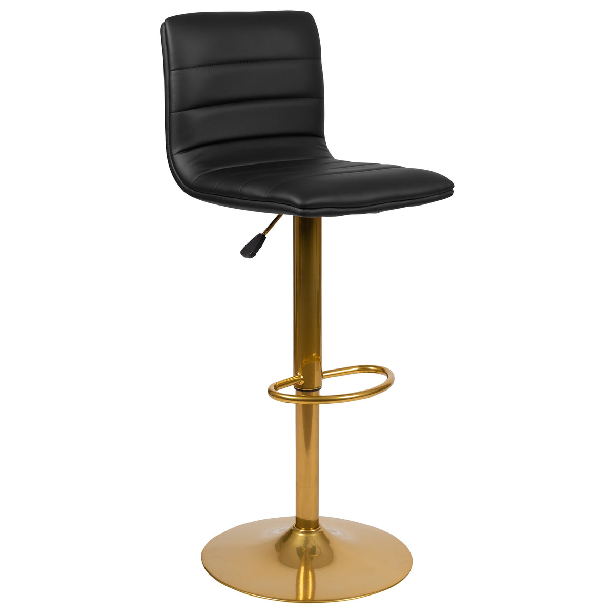 Black Vinyl/Gold Frame |#| 2PK Black Vinyl Adjustable Height Barstool w/ Horizontal Stitch Back & Gold Base