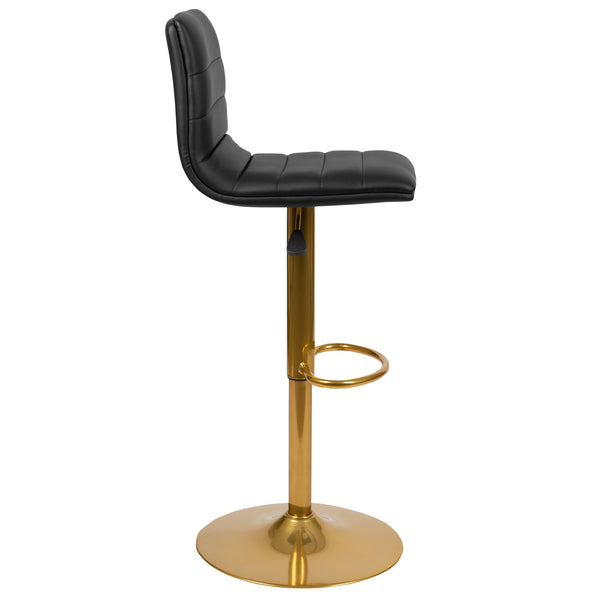 Black Vinyl/Gold Frame |#| 2PK Black Vinyl Adjustable Height Barstool w/ Horizontal Stitch Back & Gold Base