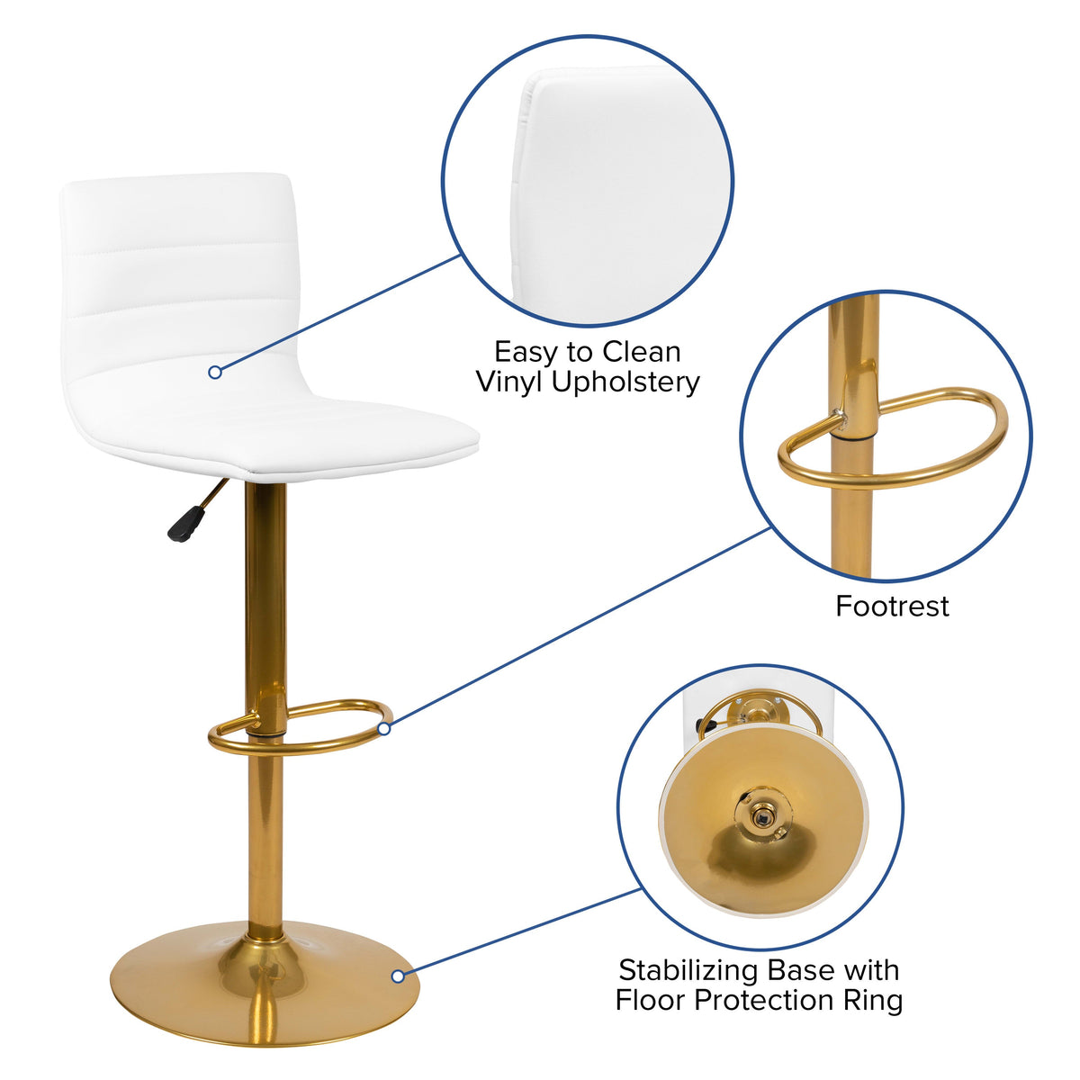 White Vinyl/Gold Frame |#| 2PK White Vinyl Adjustable Height Barstool w/ Horizontal Stitch Back & Gold Base