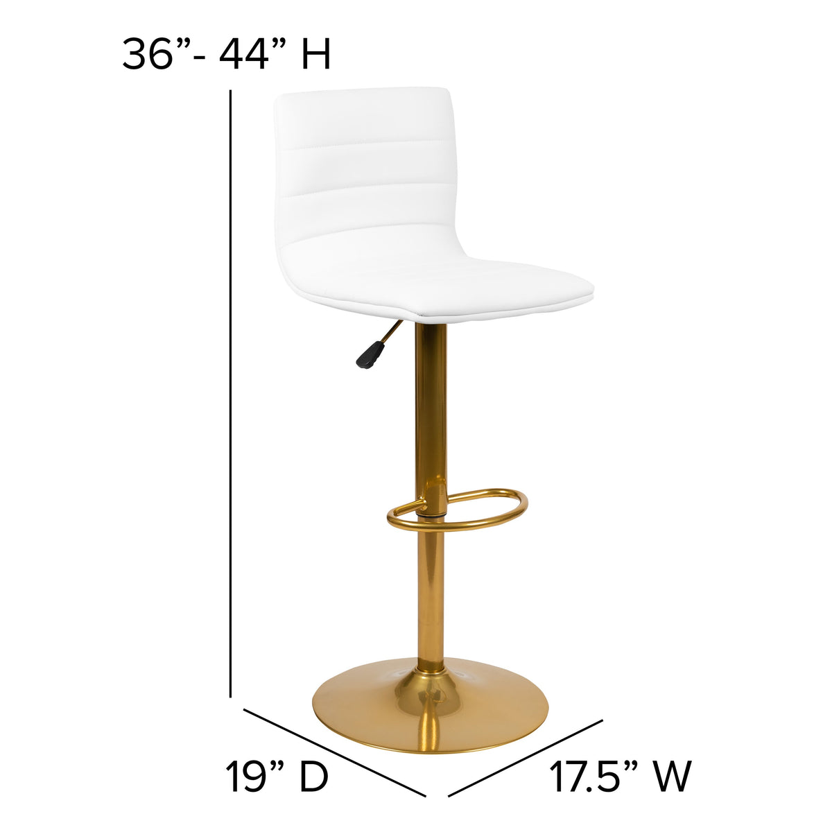 White Vinyl/Gold Frame |#| 2PK White Vinyl Adjustable Height Barstool w/ Horizontal Stitch Back & Gold Base