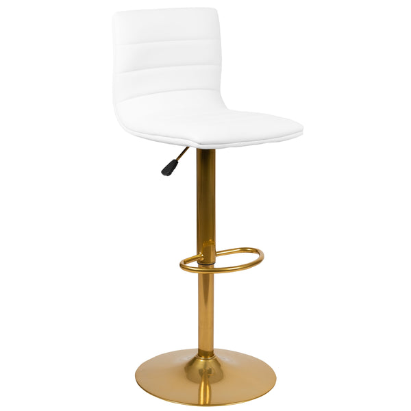 White Vinyl/Gold Frame |#| 2PK White Vinyl Adjustable Height Barstool w/ Horizontal Stitch Back & Gold Base