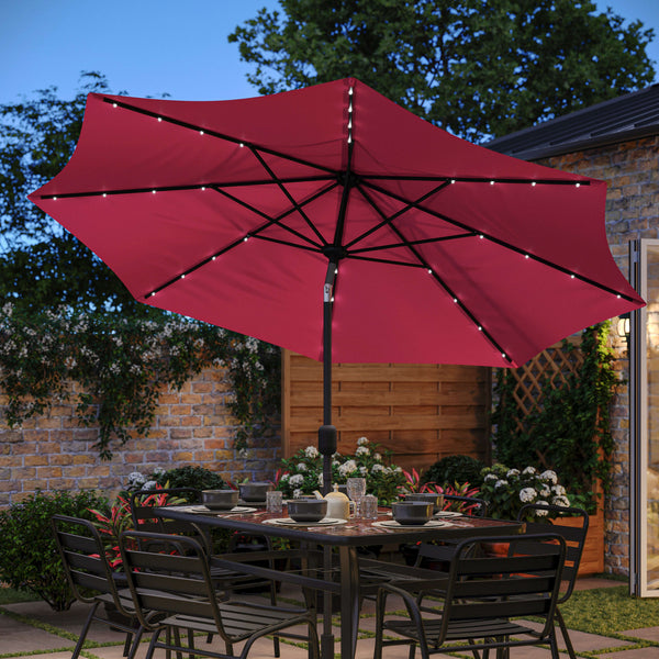 9 ft. round solar-powered patio umbrella Flash Furniture 9 ft. Montego Commercial Grade Round Umbrella with 32 Solar LED Lights & Crank & Tilt Functionality Red