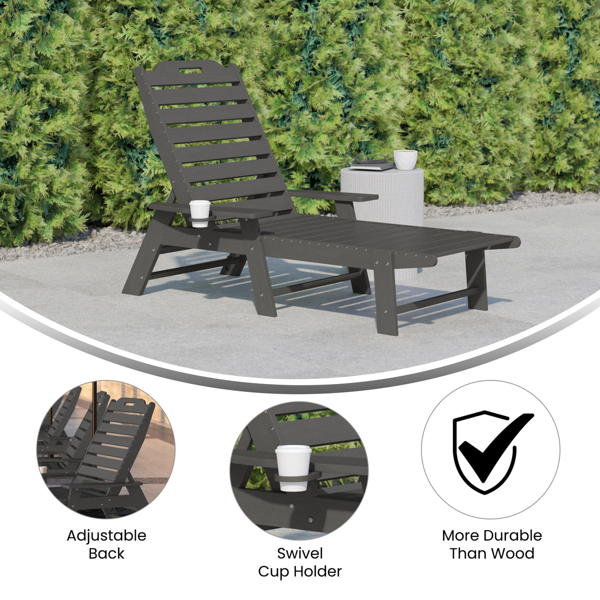 Gray |#| Commercial Grade Outdoor Adjustable Lounge Chair with Cupholder - Gray