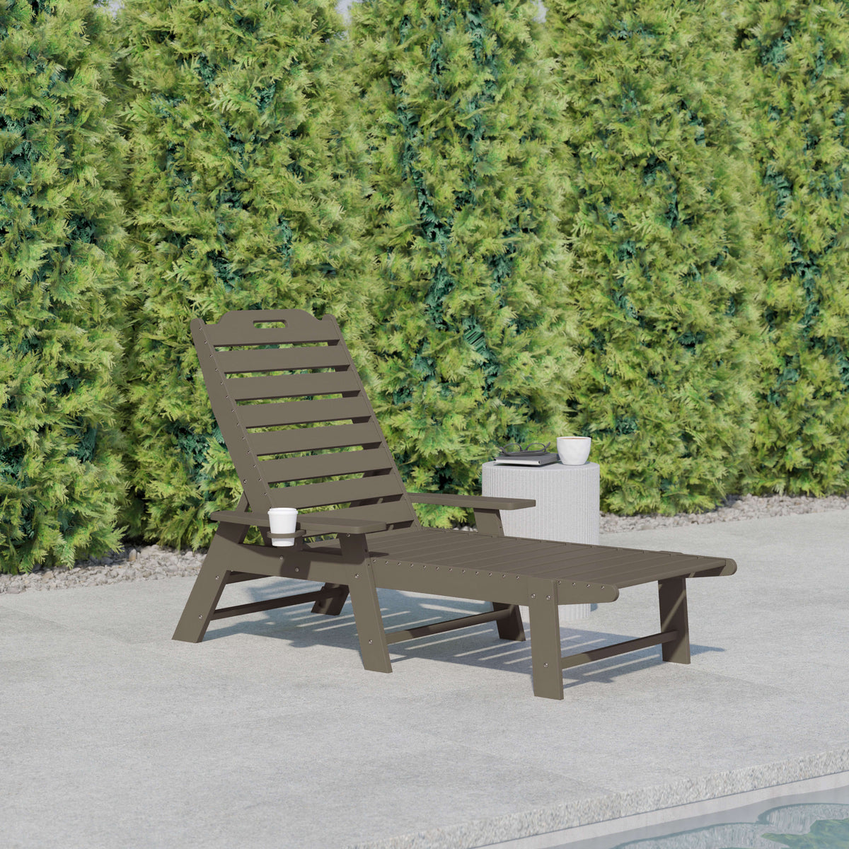 Brown |#| Commercial Grade Outdoor Adjustable Lounge Chair with Cupholder - Brown