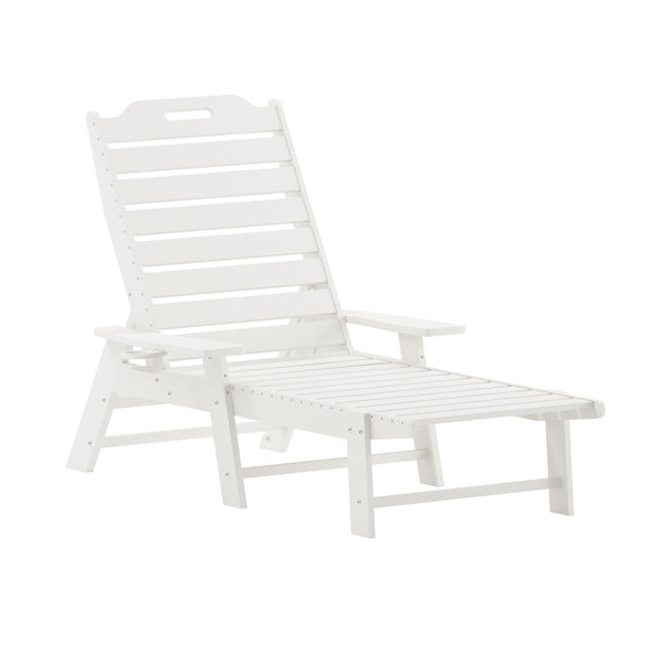 White |#| Commercial Grade Outdoor Adjustable Lounge Chair with Cupholder - White