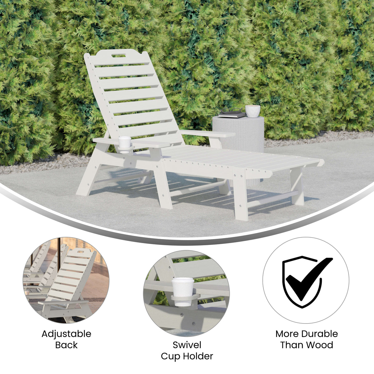 White |#| Commercial Grade Outdoor Adjustable Lounge Chair with Cupholder - White