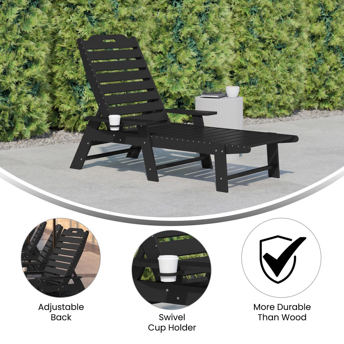 Black |#| Commercial Grade Outdoor Adjustable Lounge Chair with Cupholder - Black