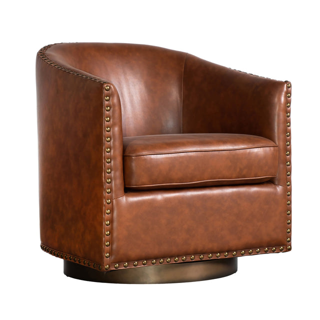 Myles Club Style Commercial Barrel Accent Armchair with 360° Swivel Metal Base and Upholstery with Decorative Nail Head Trim - View 1