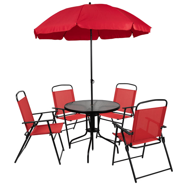 Red |#| 6 Piece Red Patio Garden Set with Umbrella Table and Set of 4 Folding Chairs