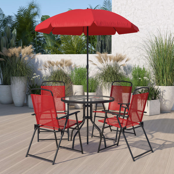 Red |#| 6 Piece Red Patio Garden Set with Umbrella Table and Set of 4 Folding Chairs