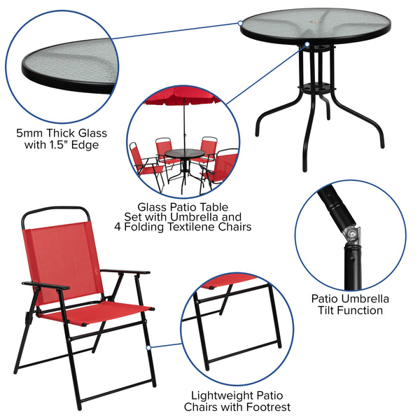 Red |#| 6 Piece Red Patio Garden Set with Umbrella Table and Set of 4 Folding Chairs