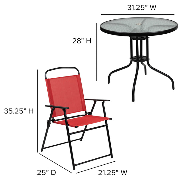 Red |#| 6 Piece Red Patio Garden Set with Umbrella Table and Set of 4 Folding Chairs