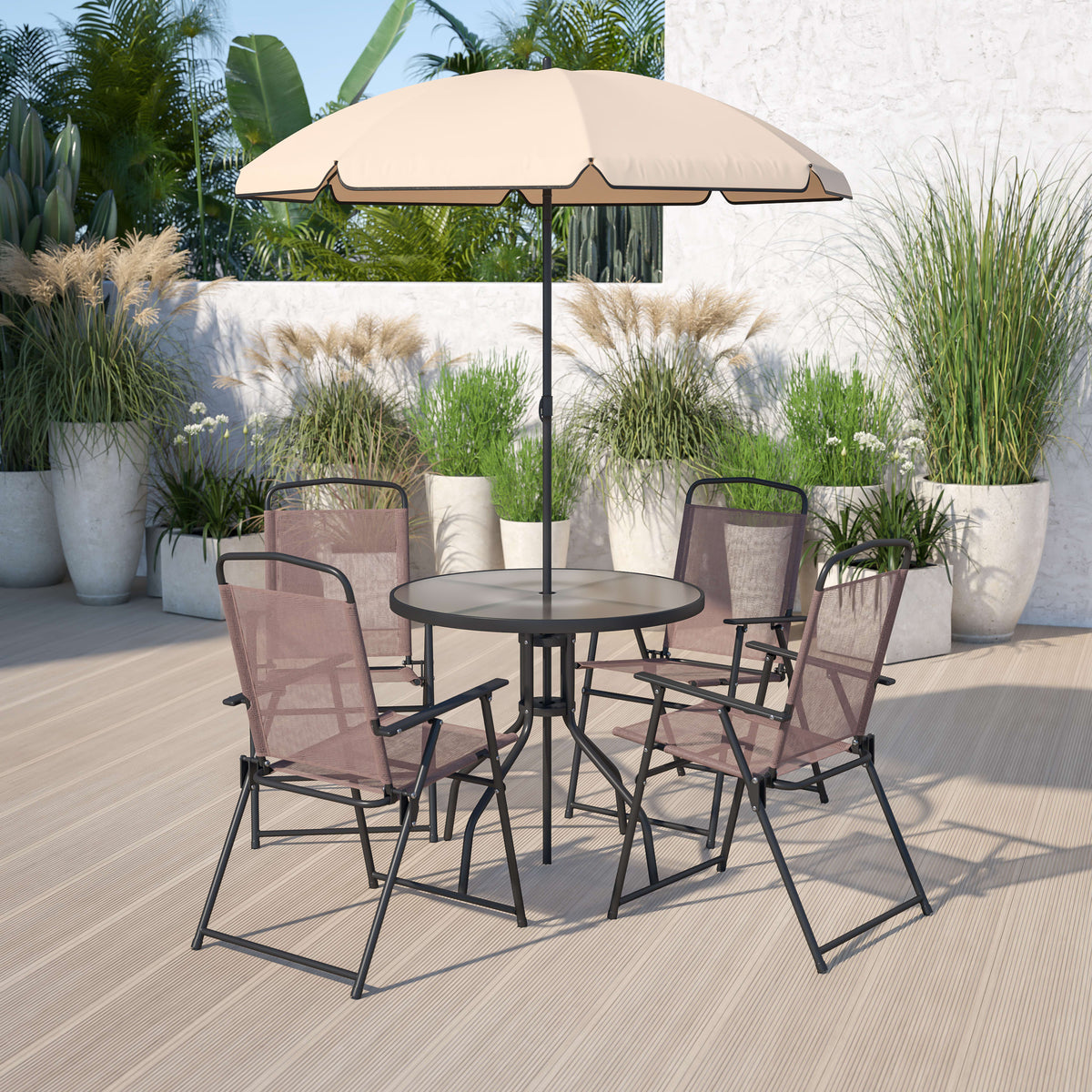 Brown |#| 6 Piece Brown Patio Garden Set with Umbrella Table and Set of 4 Folding Chairs