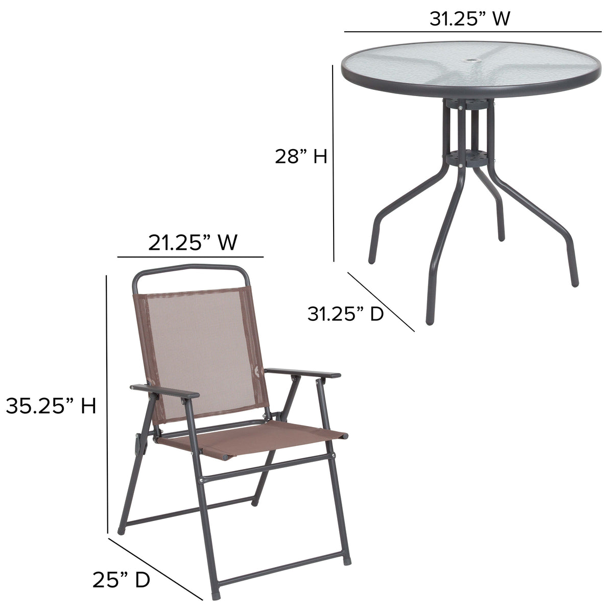 Brown |#| 6 Piece Brown Patio Garden Set with Umbrella Table and Set of 4 Folding Chairs