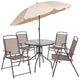 Brown |#| 6 Piece Brown Patio Garden Set with Umbrella Table and Set of 4 Folding Chairs