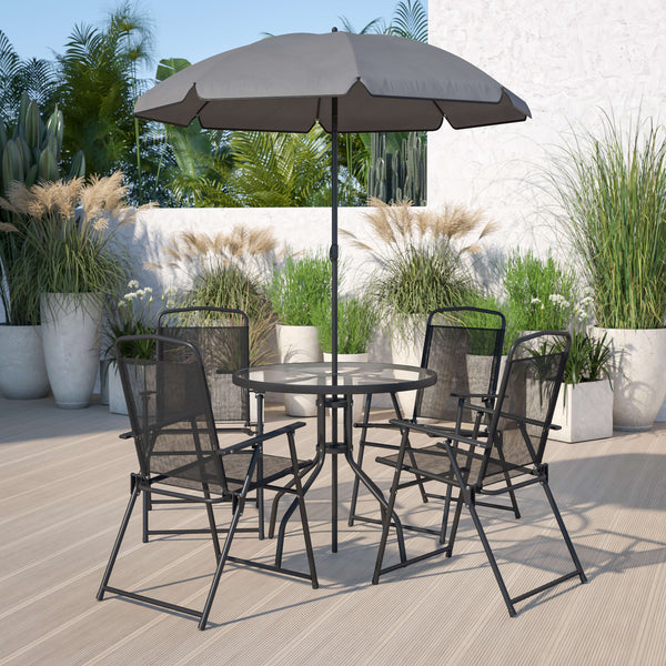 Black |#| 6 Piece Black Patio Garden Set with Umbrella Table and Set of 4 Folding Chairs